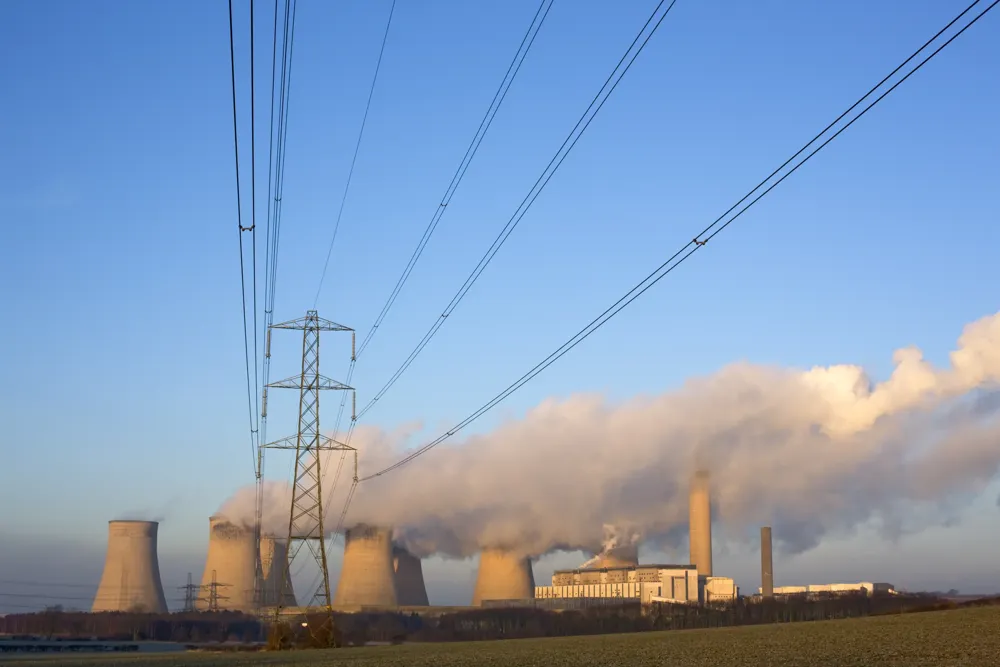 Power plant cooling towers under transmission lines