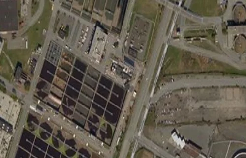 Aerial view of the Passaic Valley Sewerage Commission treatment plant in Newark, NJ